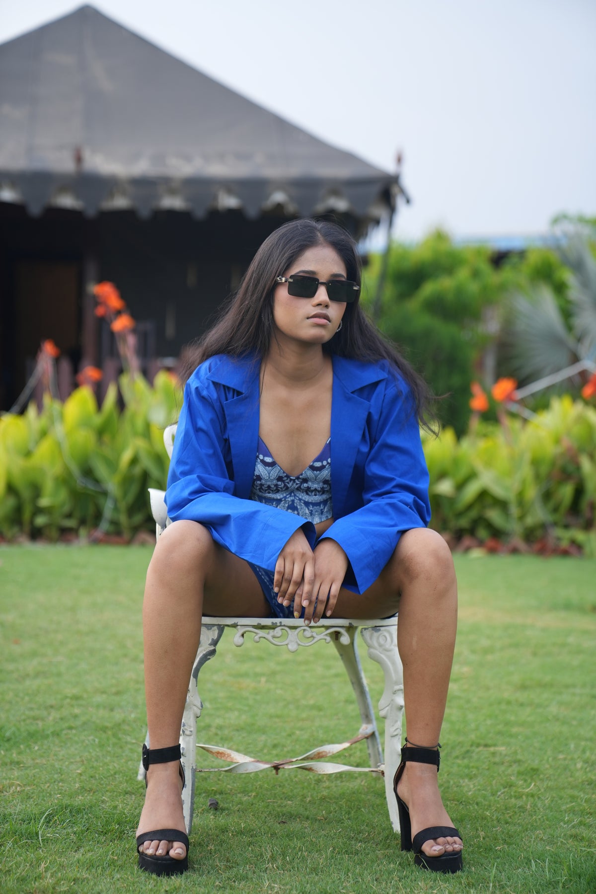 Boho Blue Mini Short With Bralet Top & Overcoat Set