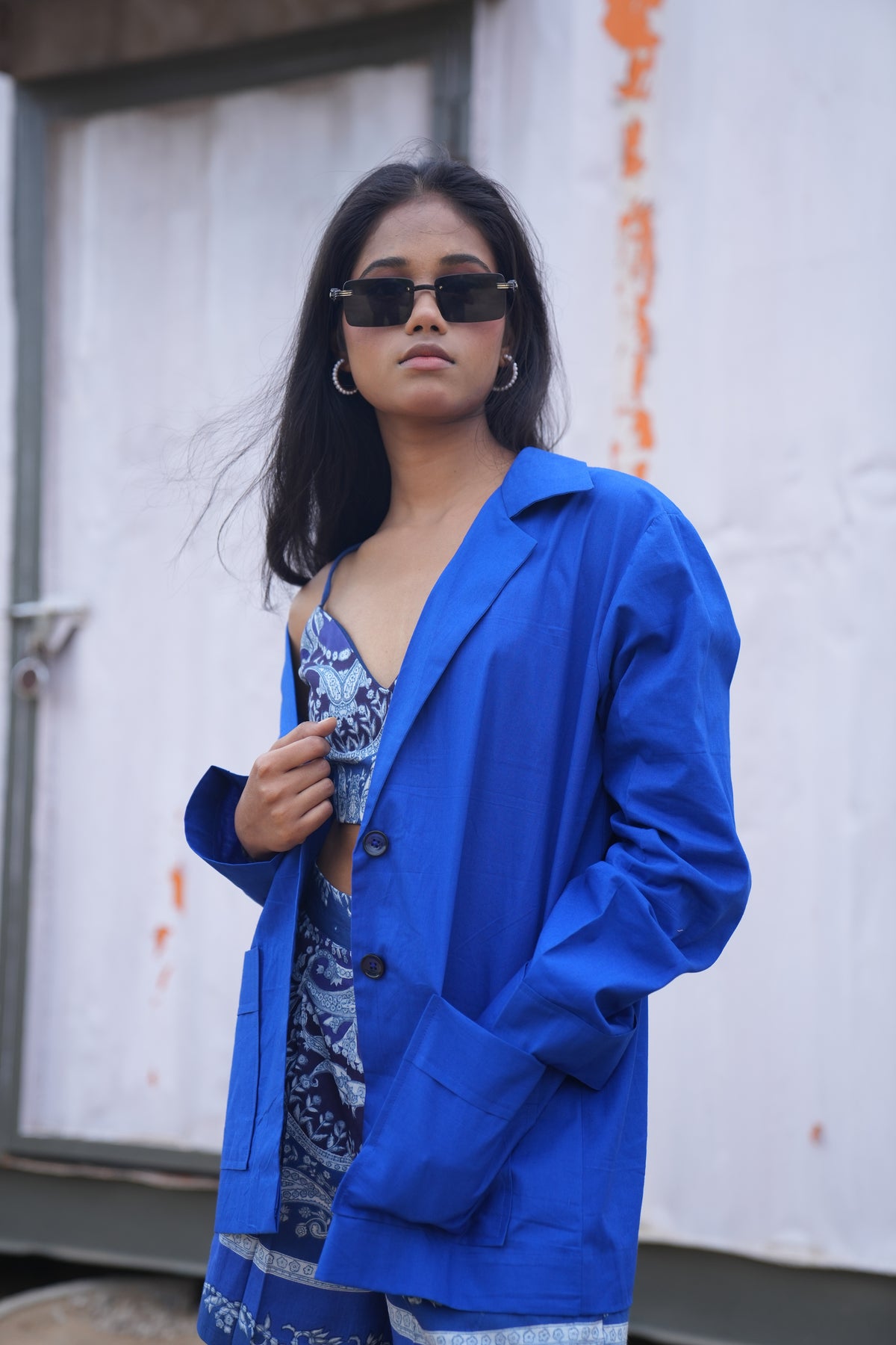 Boho Blue Mini Short With Bralet Top & Overcoat Set