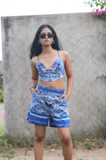Boho Blue Mini Short With Bralet Top & Overcoat Set