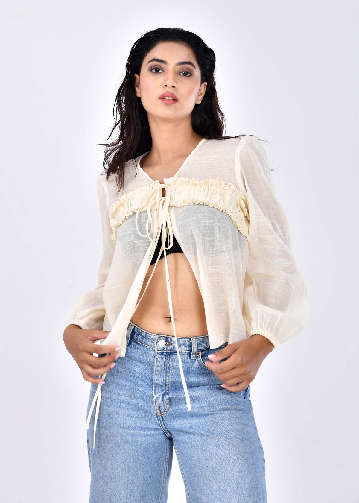Caramel Sky Flared Hem Tie Up Top