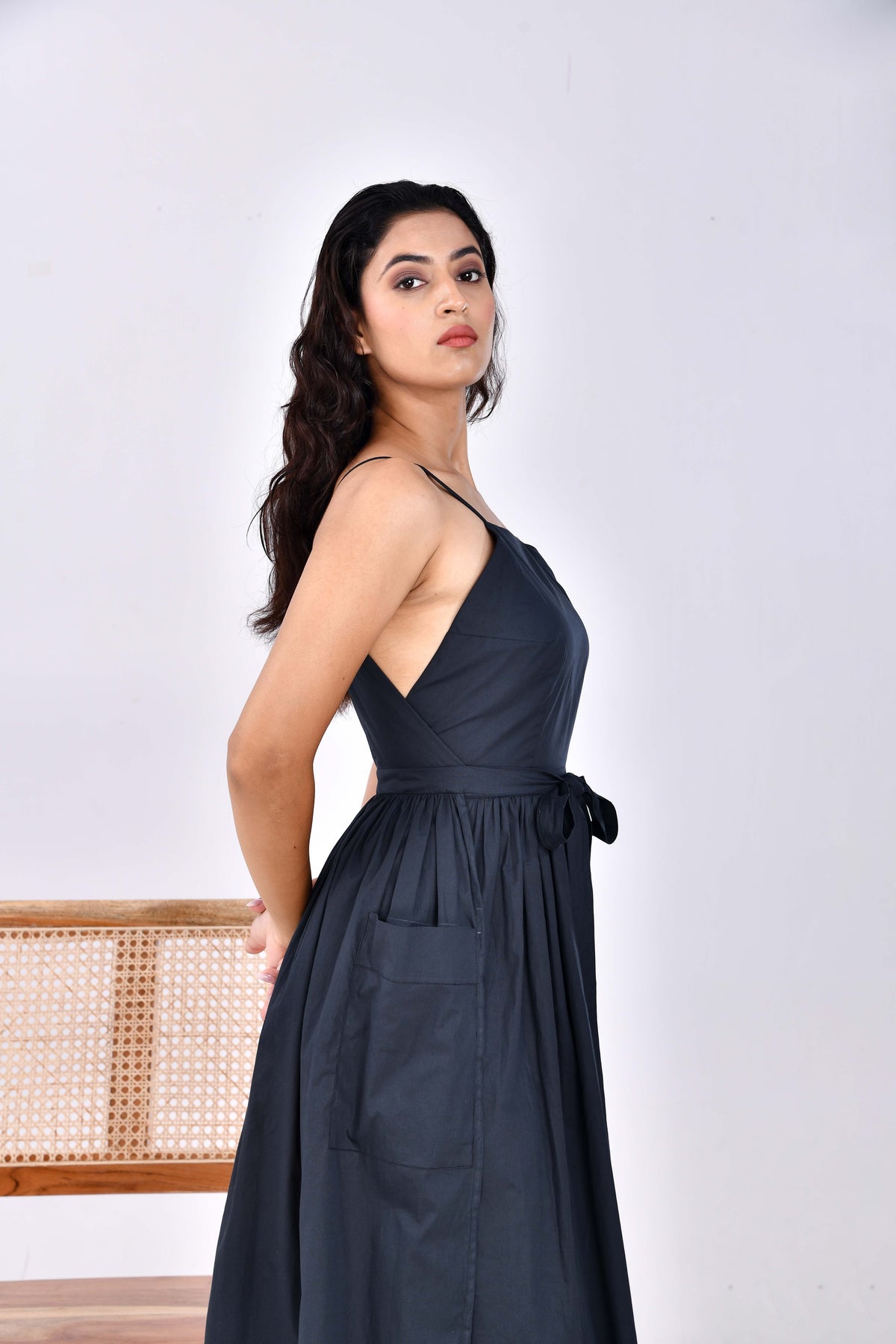 Sahara Dawn Black Belted Wrap Around Midi Dress